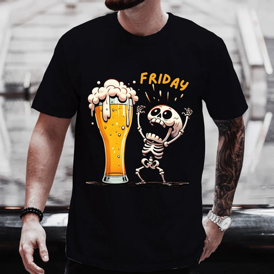 Summer Hot Sale Beer T-Shirt, 3D Skull Print, Men's Oversized, Casual O-Neck, Short Sleeve