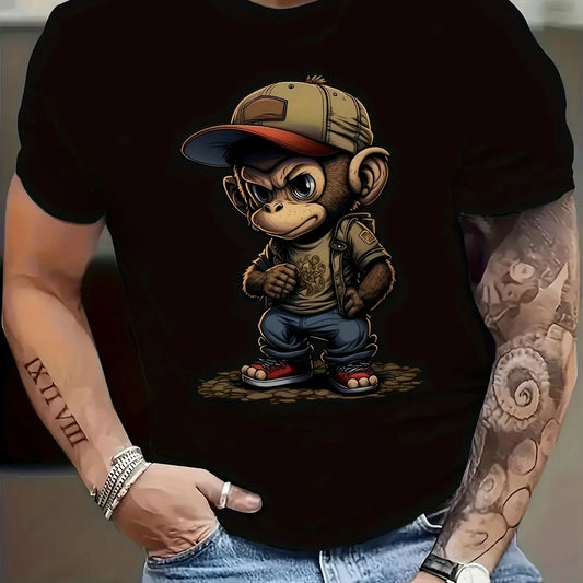 Fashion Short Sleeve T-Shirt for Men, Loose Fit, Monkey Graphic, 3D Printed, High Elastic Casual Pullover