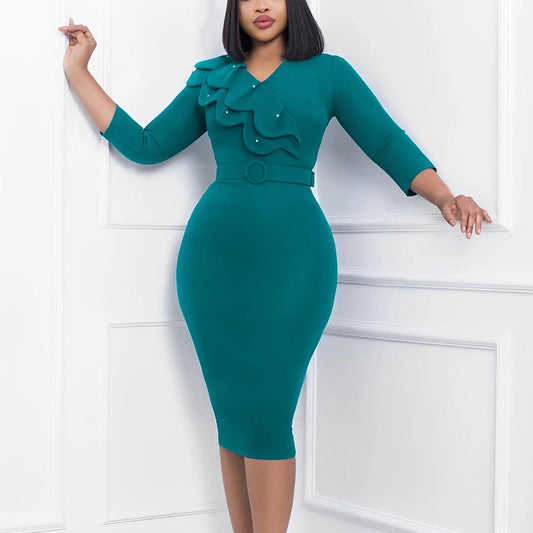 Elegant Office Dresses for Women V Neck Full Sleeve Ruffles Belt Waisted Package Hips Mid Calf Professional Work Dress Midi Robe