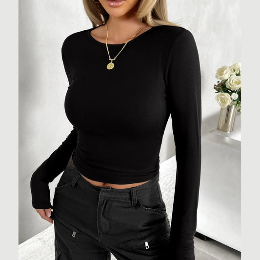 Women's Spring Fall New Fashion Solid Color Round Neck Long-Sleeved Slim Casual Pullover Basic Bottoming T-Shirt Y2K Street Tops