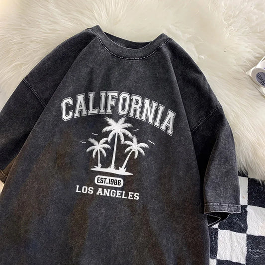 Los Angeles California T-Shirt, Summer Beach Print, Cotton, Vintage Washed, Unisex, Breathable Tee