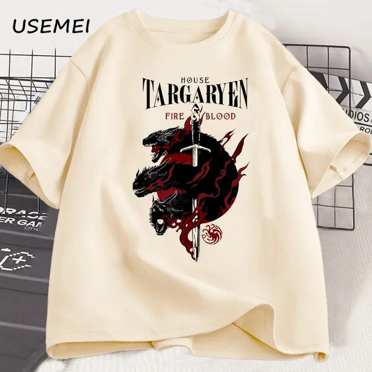 House Targaryen "Fire and Blood" T-Shirt, GOT, Men's Cotton Short Sleeve, Casual Printed Tee, Streetwear