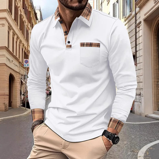 Spring Autumn Men's Business Casual Polo, Color-Block, Pocket, Lapel, Slim Fit, Knitted Long Sleeve