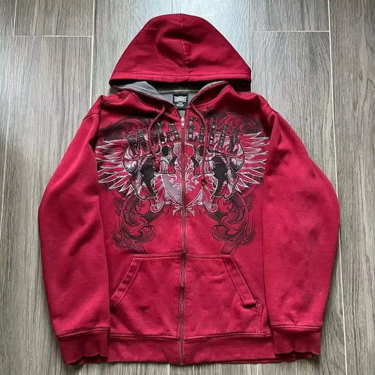 2025s Red Skull & Snake Couple Zip Hoodie Y2K Sweatshirt